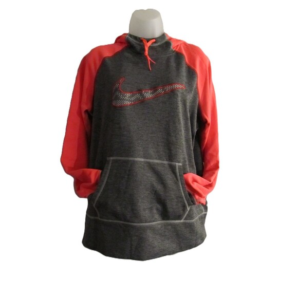 Nike Tops - NIKE Hoodie Women's Sz L Therma Fit Hooded Sweatshirt Thumb Hole Gray Neon Pink